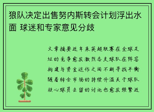 狼队决定出售努内斯转会计划浮出水面 球迷和专家意见分歧